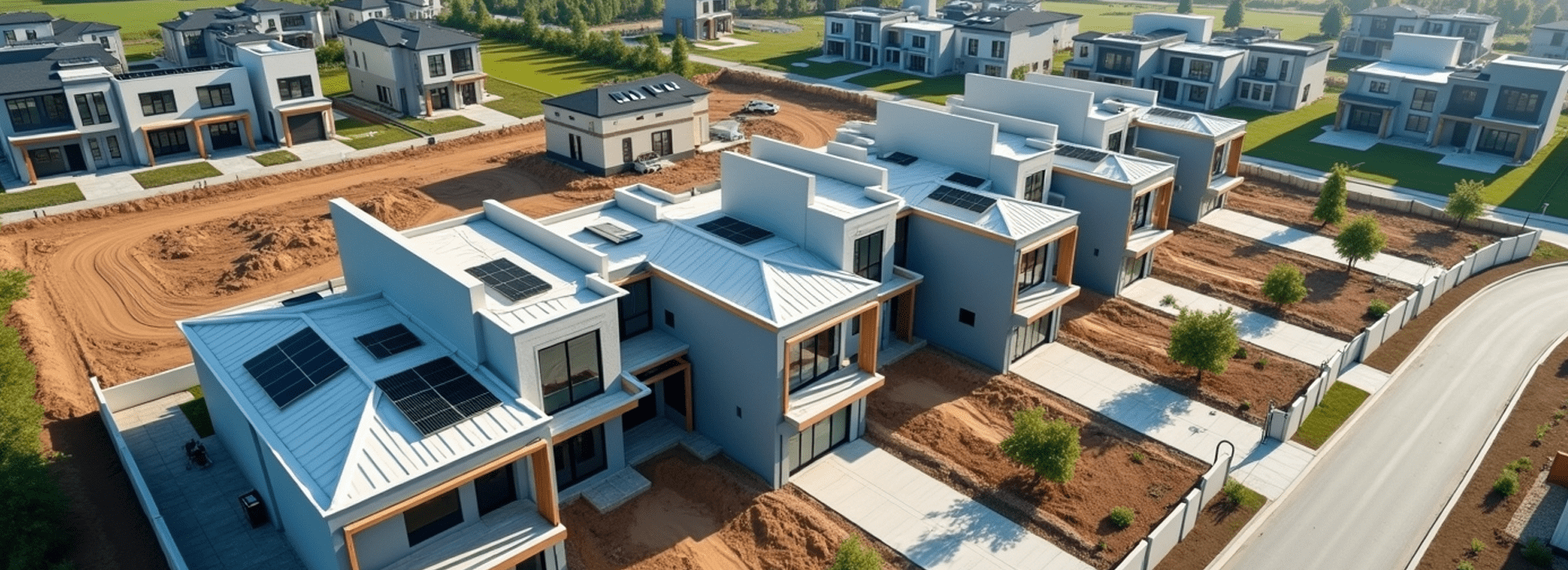 An aerial view of a modern Canadian construction site showcasing multiple custom homes in progress, complete with solar panels, green roofs, and energy-efficient planning.