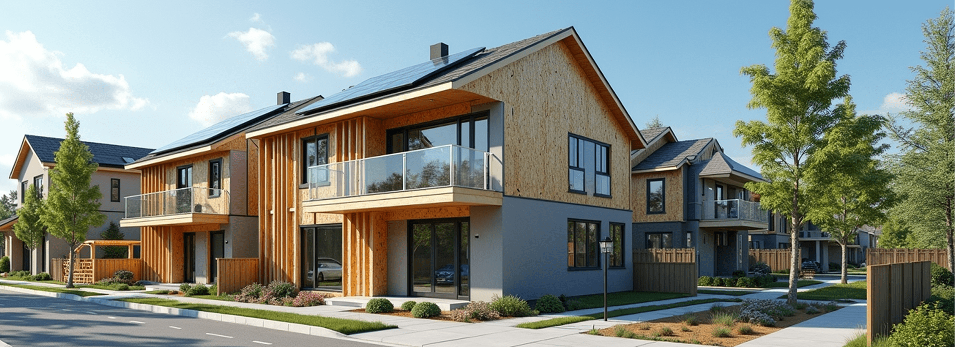 Street-level 3D view highlighting sustainable construction and energy-efficient features of modern Canadian homes.