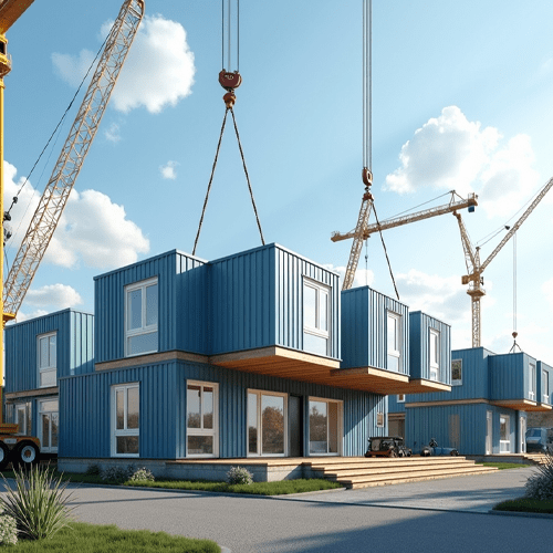 High-tech render of modular units for residential, industrial, and defence use, showcasing rapid deployment and Arctic-ready resilience.